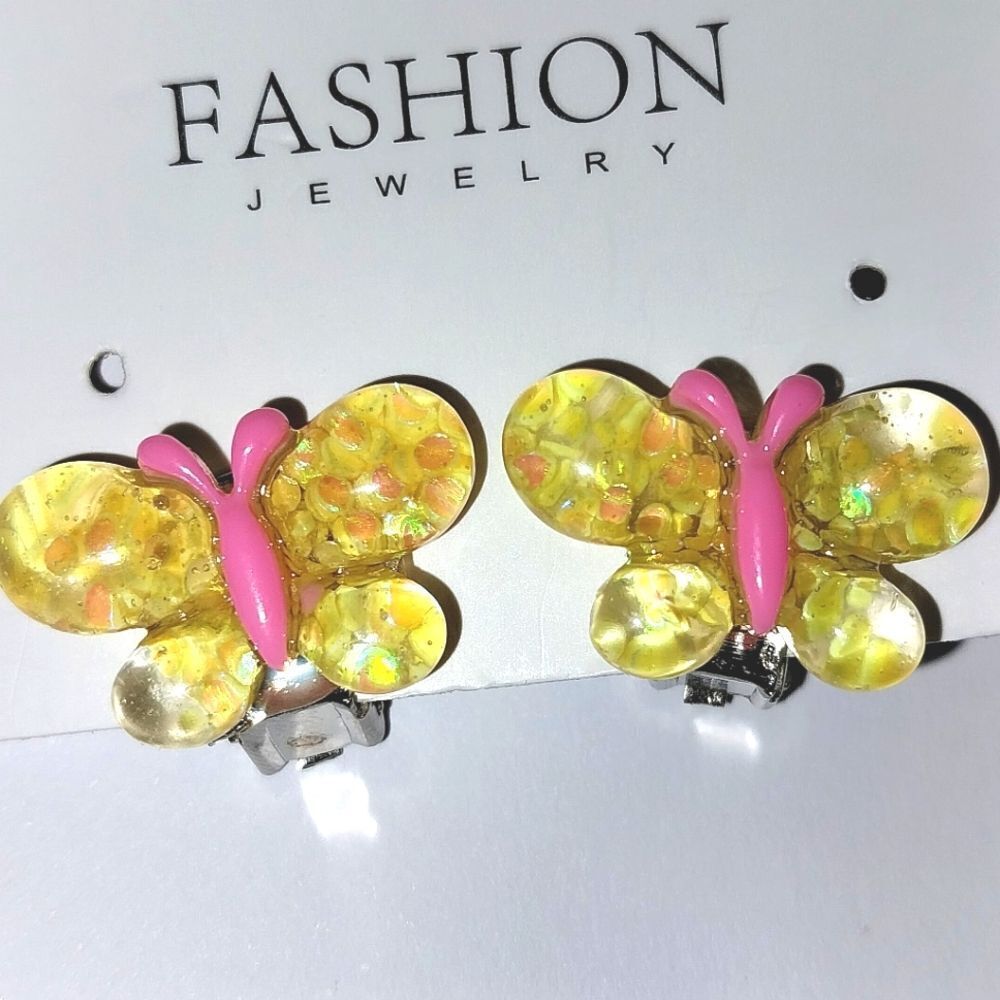 Beautiful girls Yellow Butterfly Clip-on Earrings For Kids - Picture 3 of 4